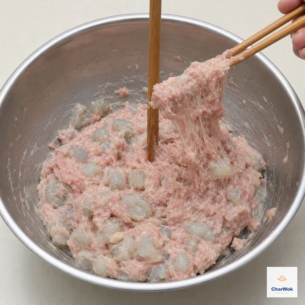 Chopsticks lift shrimp-and-pork wonton filling that looks sticky and stringy while distinct pink shrimp chunks remain visible