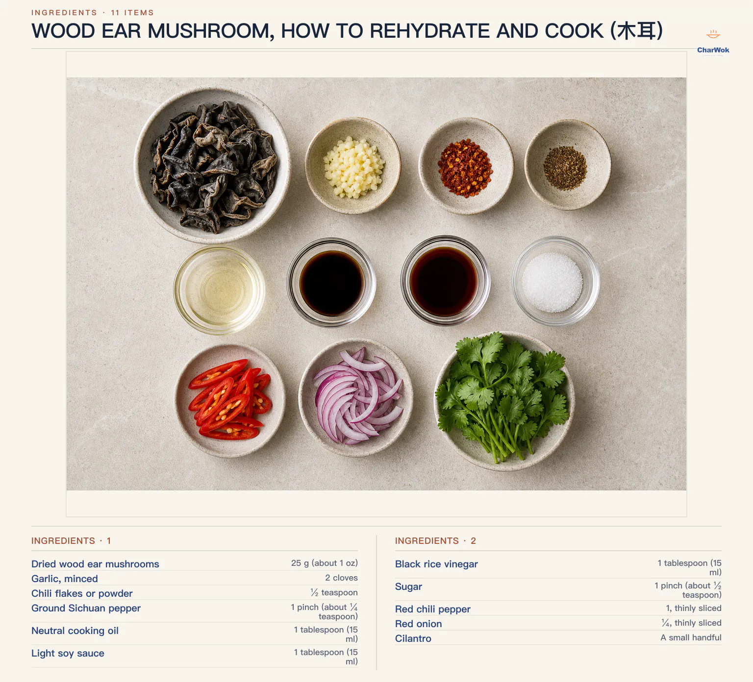 Ingredients for Wood Ear Mushroom, How to Rehydrate and Cook (木耳), arranged in a top-down flat lay