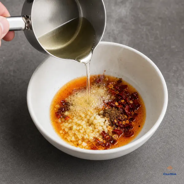 A narrow stream of hot neutral oil hits minced garlic, red chilli flakes and ground Sichuan pepper in a white heatproof bowl, raising fine bubbles in clear red-orange oil
