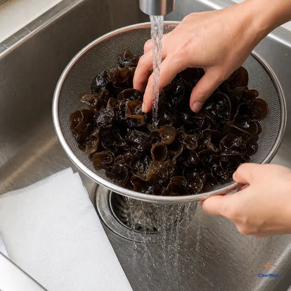 Cold tap water runs through plump dark-brown wood ear mushrooms in a metal colander while one hand turns them and water drains freely below