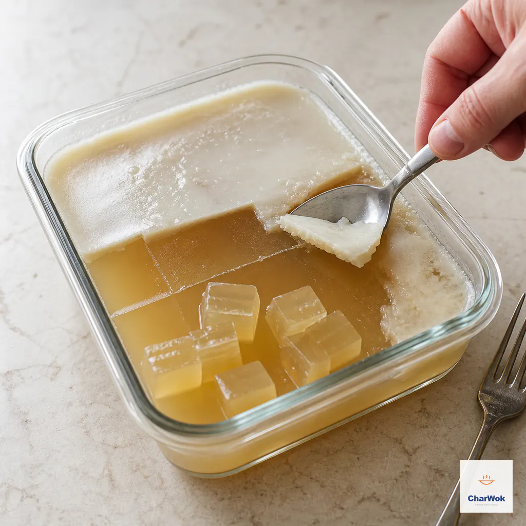 A spoon removes the firm white chicken-fat cap from pale golden chilled aspic that holds clean cut marks and firm cubes