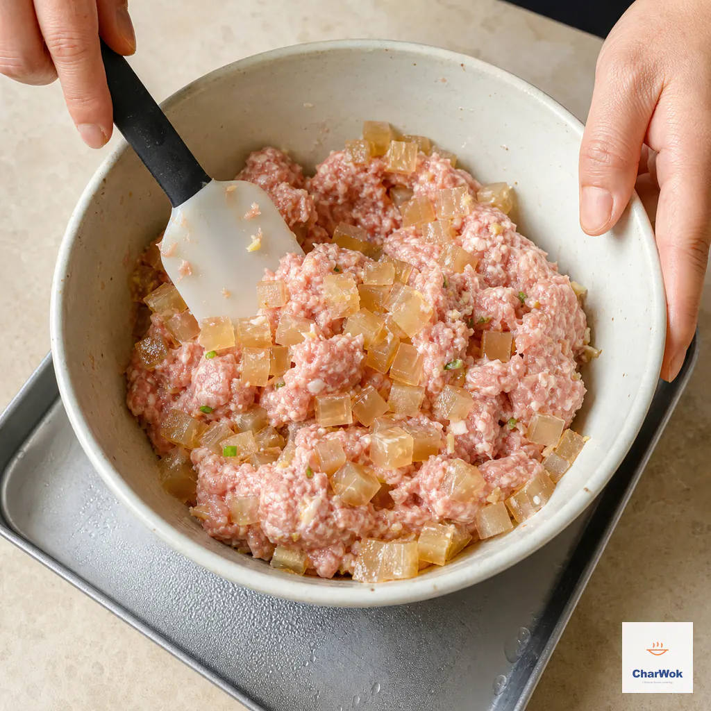 Small firm golden aspic cubes are folded evenly through sticky seasoned minced pork in a bowl kept cold on a chilled tray