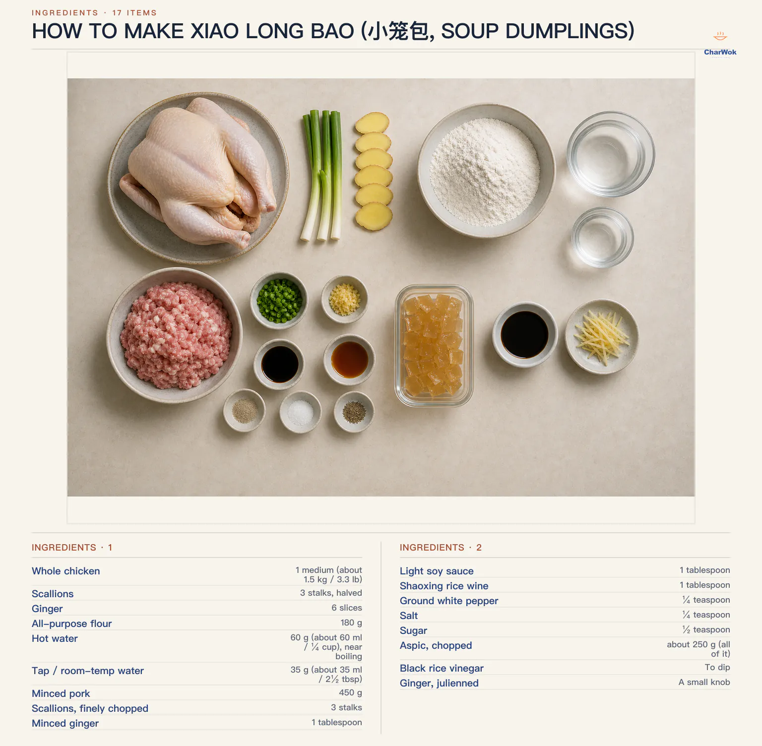 Xiao long bao ingredients labeled in English: whole chicken, flour, minced pork, chicken aspic, scallions, dough water, ginger, filling seasonings, black rice vinegar, and julienned ginger