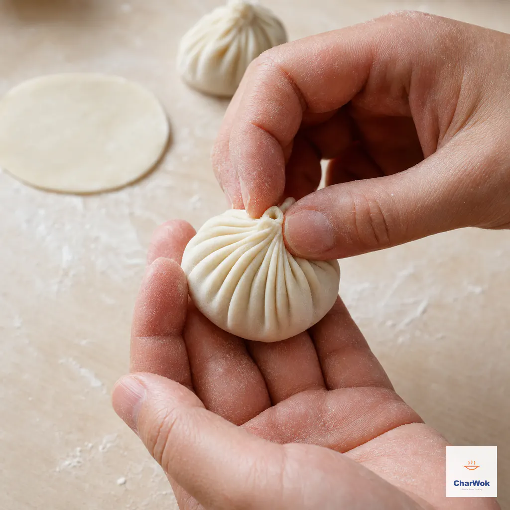 Two hands finish many narrow pleats around a raw xiao long bao and pinch the gathered top into a tight gap-free seal