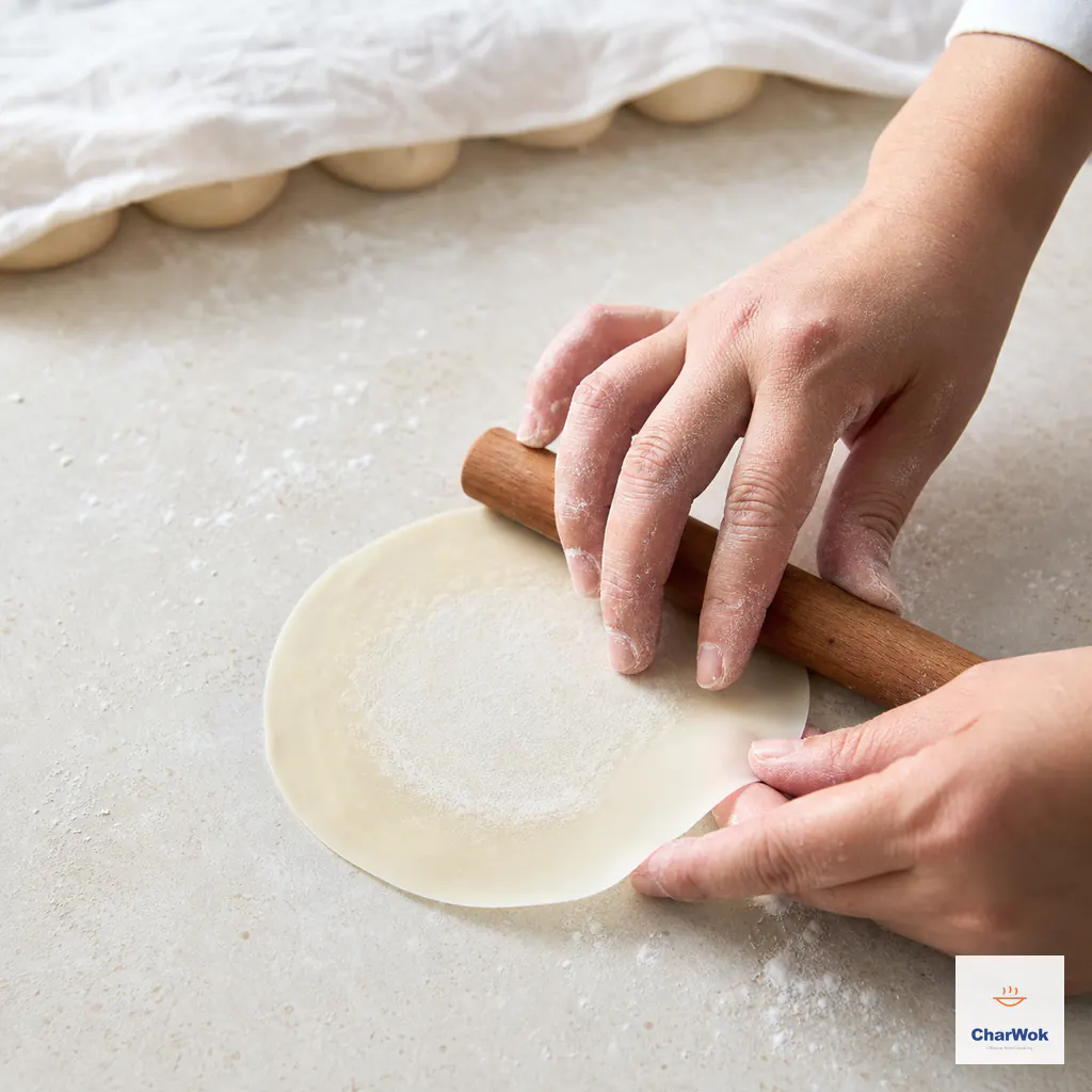 Hands use a short rolling pin to roll and turn a round dumpling wrapper with a translucent thin rim and subtly thicker center while unused dough stays covered