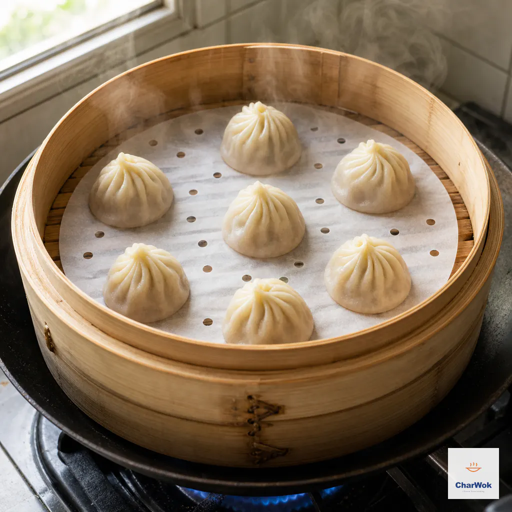 Intact xiao long bao sit well apart on perforated parchment in a bamboo steamer over a restrained blue flame with gentle steady steam