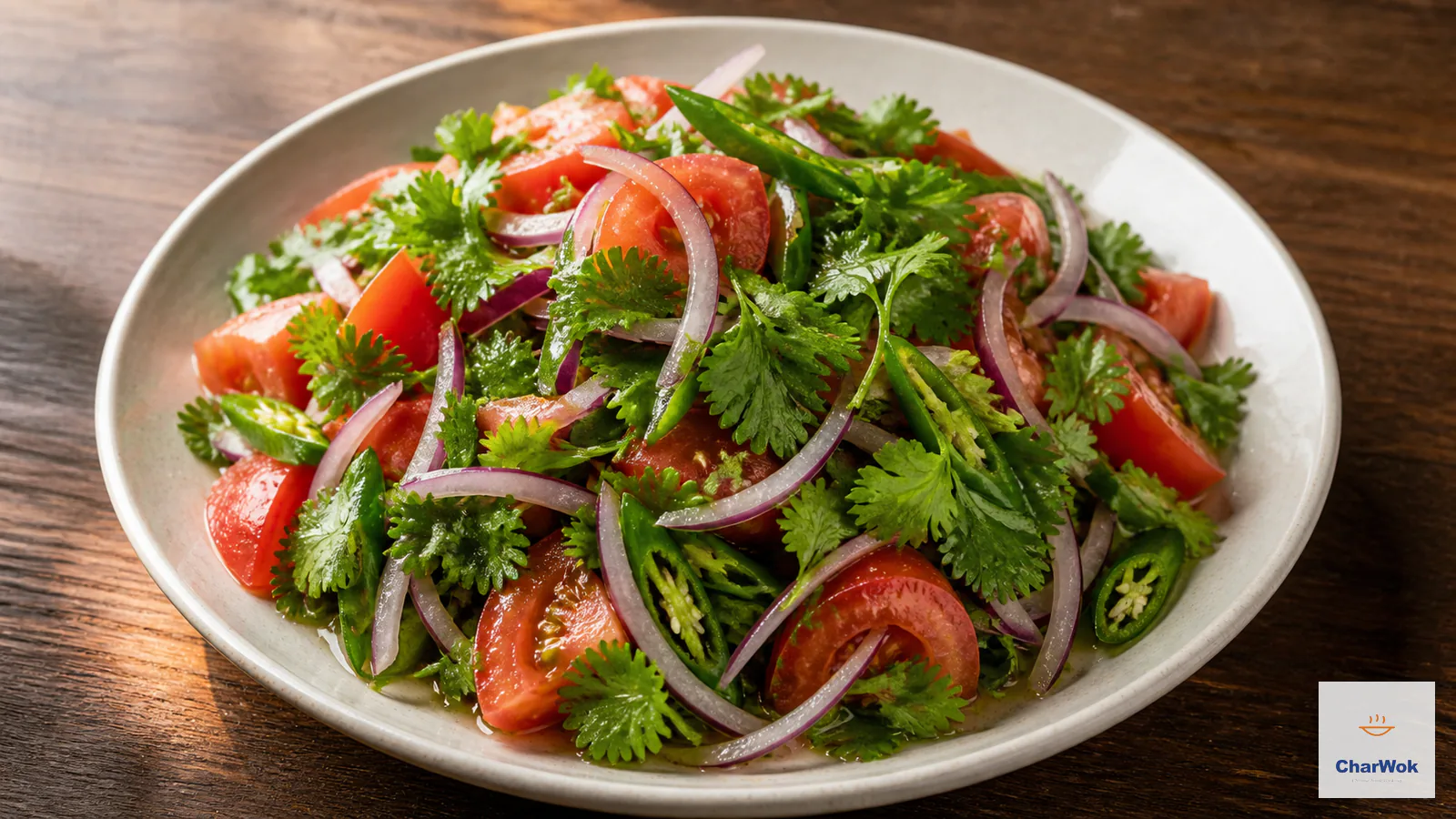 Xinjiang tiger salad with ripe tomato wedges, red onion, green chilli rings and abundant fresh cilantro in a light vinegar dressing
