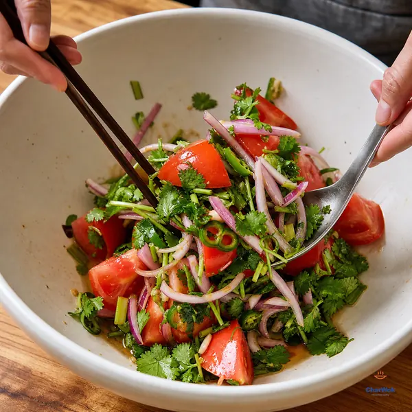Chopsticks and a large spoon lift intact tomato wedges, red-onion strips, green chilli rings and cilantro from the bottom of a wide white bowl