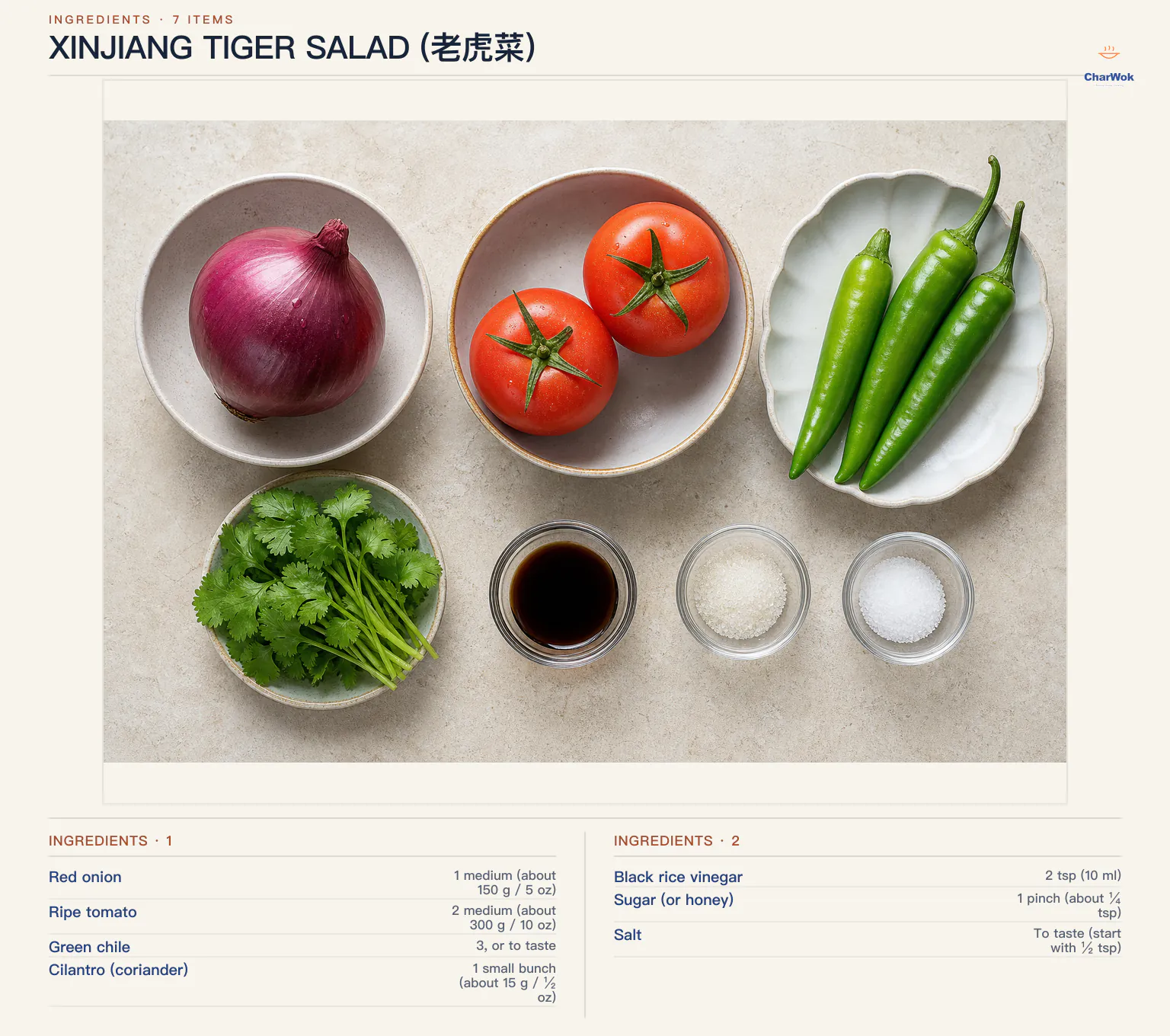 Ingredients for Xinjiang tiger salad (老虎菜), arranged in a top-down flat lay