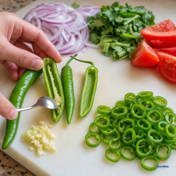 A small spoon scrapes the pale ribs and seeds from a split green chilli beside a pile of completely seedless thin chilli rings, red onion, tomato wedges and cilantro