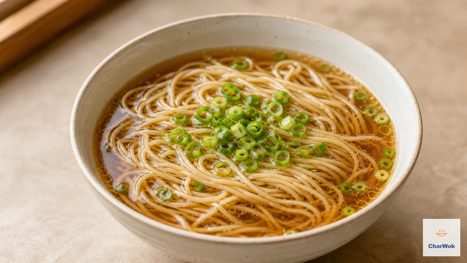 Yang Chun Mian with thin white wheat noodles in clear amber broth, topped simply with chopped scallions