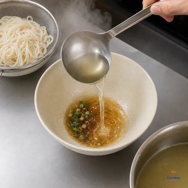 A ladle pours steaming clear pale-golden stock onto soy, fat, white pepper and scallions in an empty noodle bowl beside well-drained cooked thin noodles