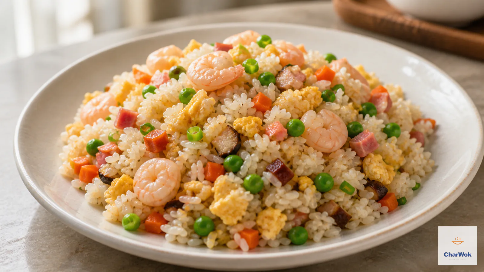 Yangzhou fried rice with separate golden grains, shrimp, diced ham, egg, peas, carrots, shiitake and scallions