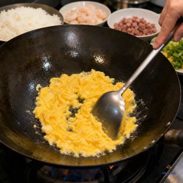 A metal wok spatula rapidly divides puffed golden egg into small glossy moist curds in a thin film of oil inside a hot carbon-steel wok