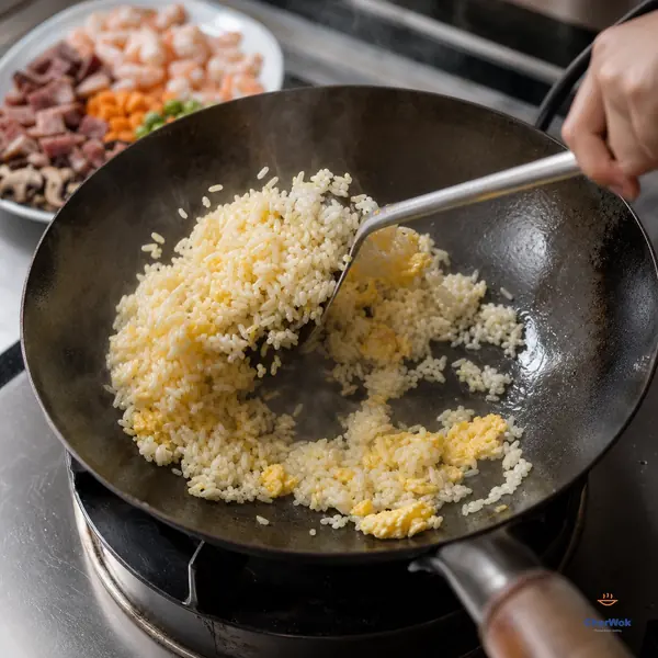 A wok spatula lifts loose white rice and moist golden egg curds from a hot carbon-steel wok while distinct grains briefly contact the bare surface