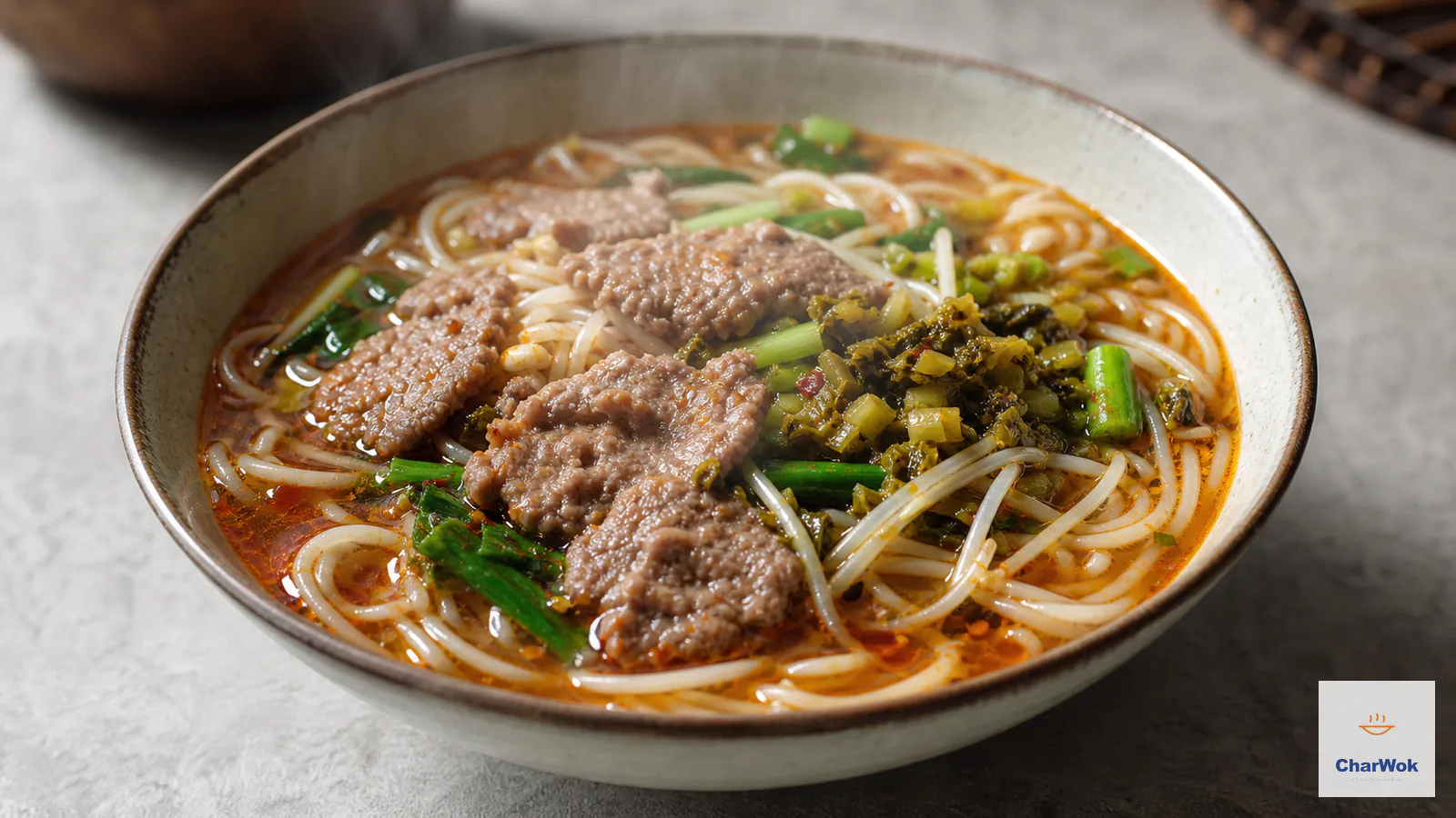 Yunnan rice noodle soup in red-gold broth with rice noodles, thin pork patties, pickled mustard greens, chives and bean sprouts