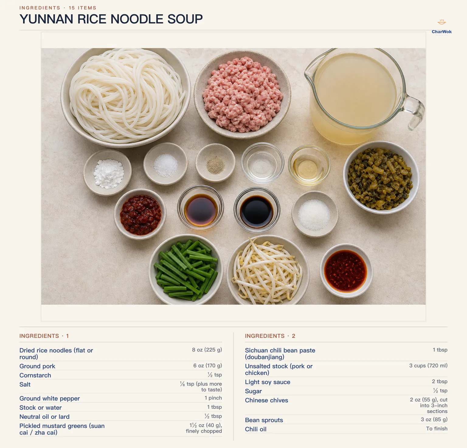 Ingredients for Yunnan Rice Noodle Soup, arranged in a top-down flat lay