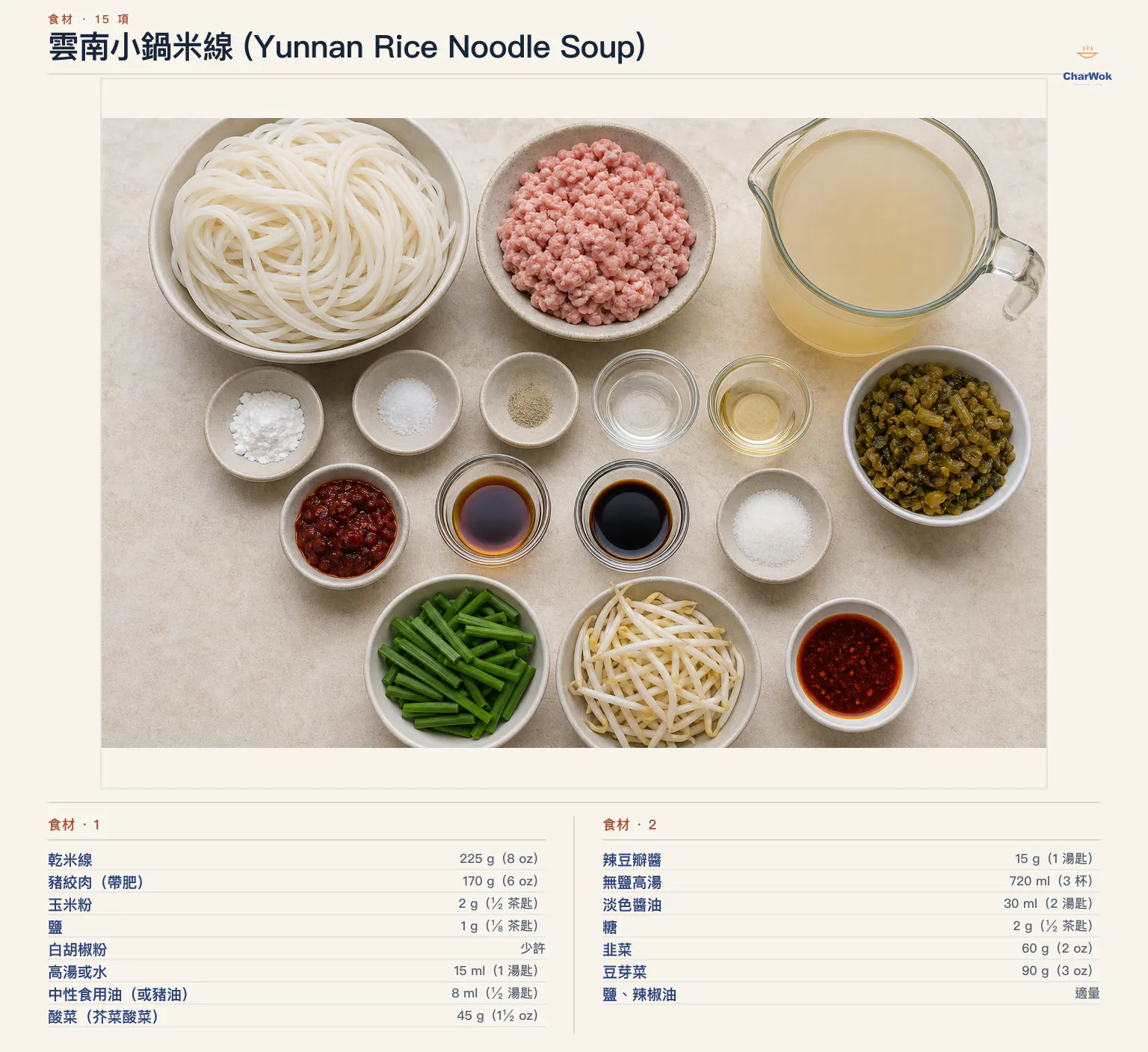 雲南小鍋米線 (Yunnan Rice Noodle Soup)完整食材俯拍平鋪圖
