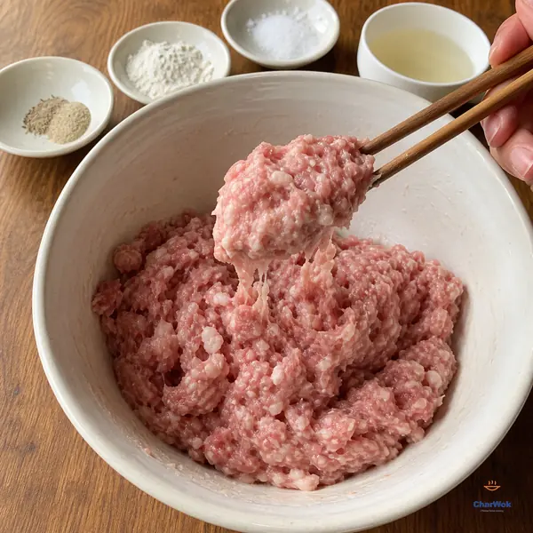 Chopsticks lift one cohesive mound of raw ground pork with short sticky pink strands above a bowl holding no free liquid