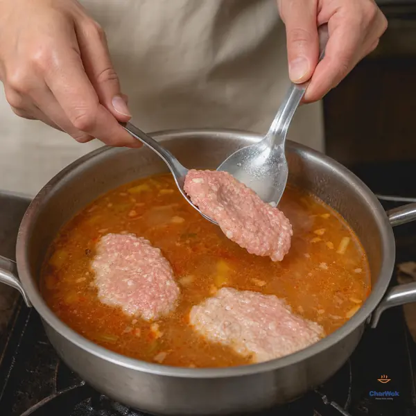 Two spoons flatten raw seasoned pork into a thin oval patty just above red-gold broth where pale patties poach amid only sparse bubbles