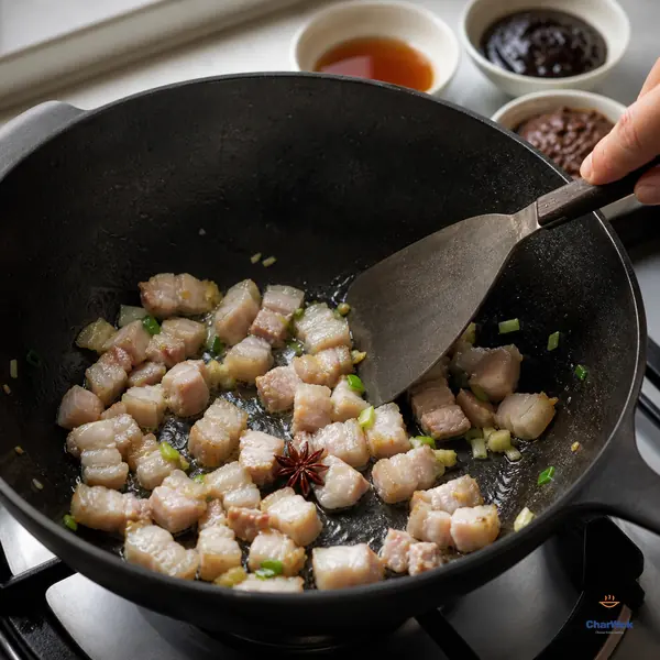 A wok spatula spreads one-centimetre skin-on pork-belly cubes in one layer as their surfaces pale, edges turn lightly golden and clear fat gathers below
