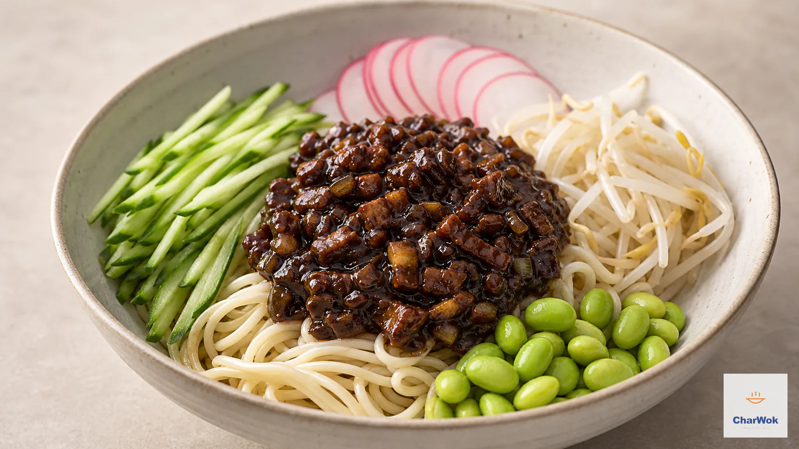 Zha Jiang Mian with wheat noodles, glossy diced-pork sauce, cucumber, radish, edamame and bean sprouts arranged in separate sections