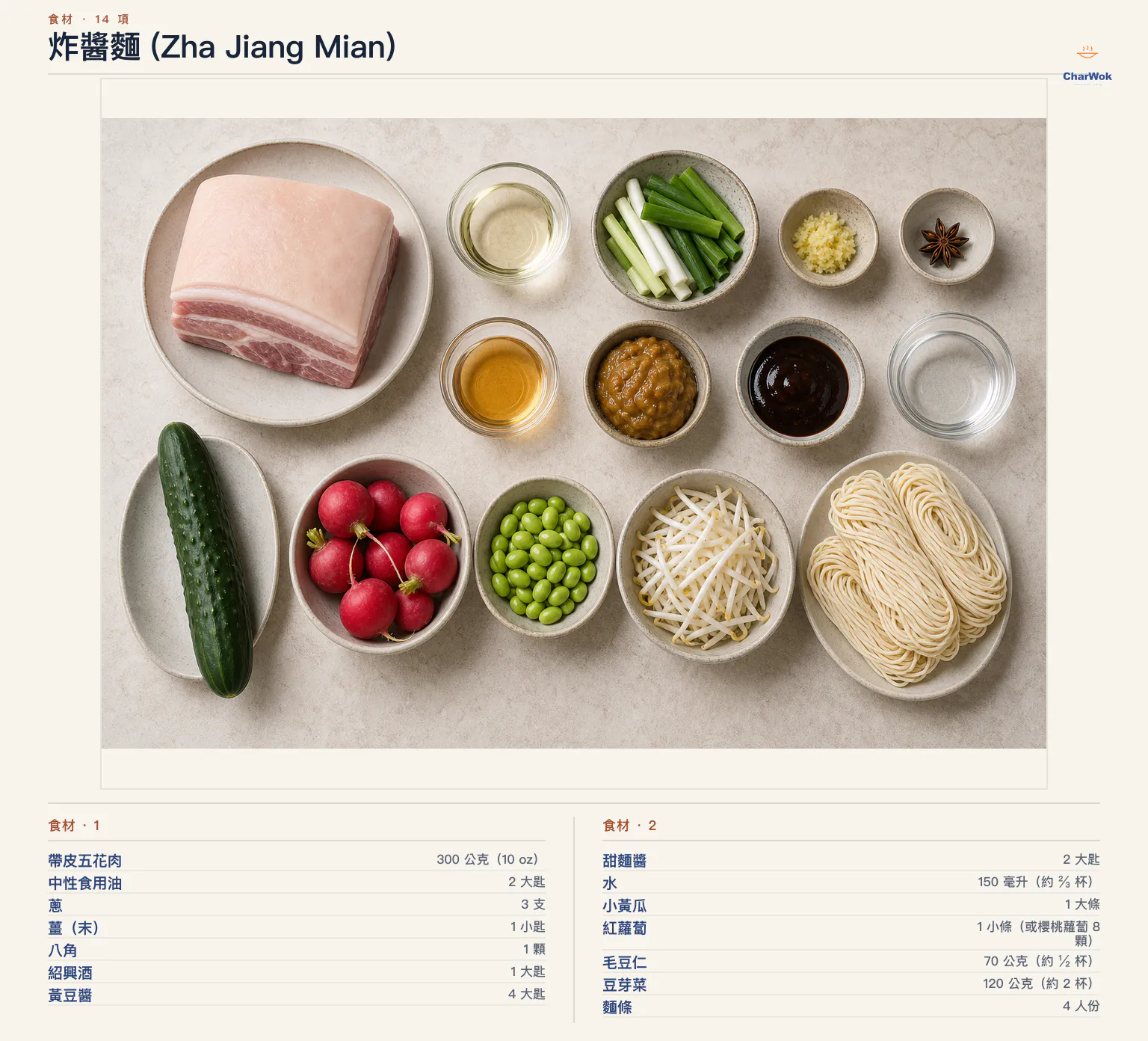 炸醬麵 (Zha Jiang Mian)完整食材俯拍平鋪圖