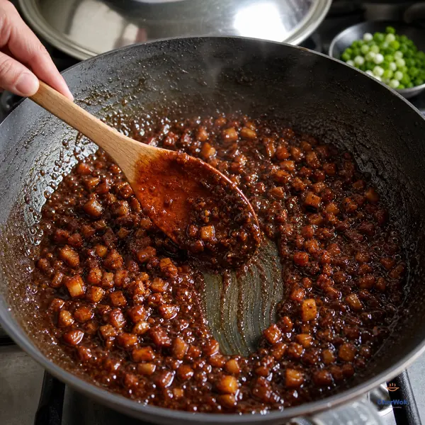 A wooden spoon draws a clean path through thick glossy red-brown diced-pork sauce while a thin clear oil sheen gathers around the bubbling wok