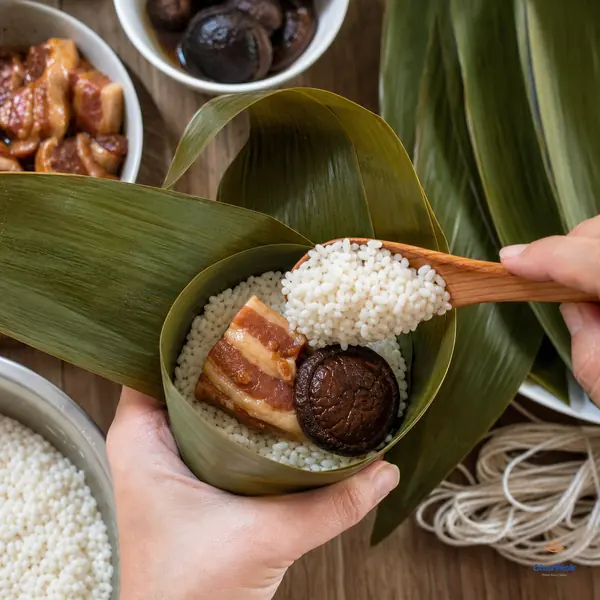 Hands hold a wide cone made from crossed bamboo leaves with white glutinous rice, one marinated pork-belly chunk and one whole rehydrated shiitake as a spoon adds the top rice layer