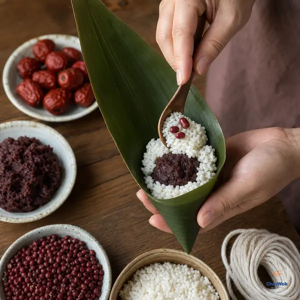 Hands hold an open narrow bamboo-leaf cone layered with white glutinous rice and dark red bean paste as a spoon adds rice and whole adzuki beans
