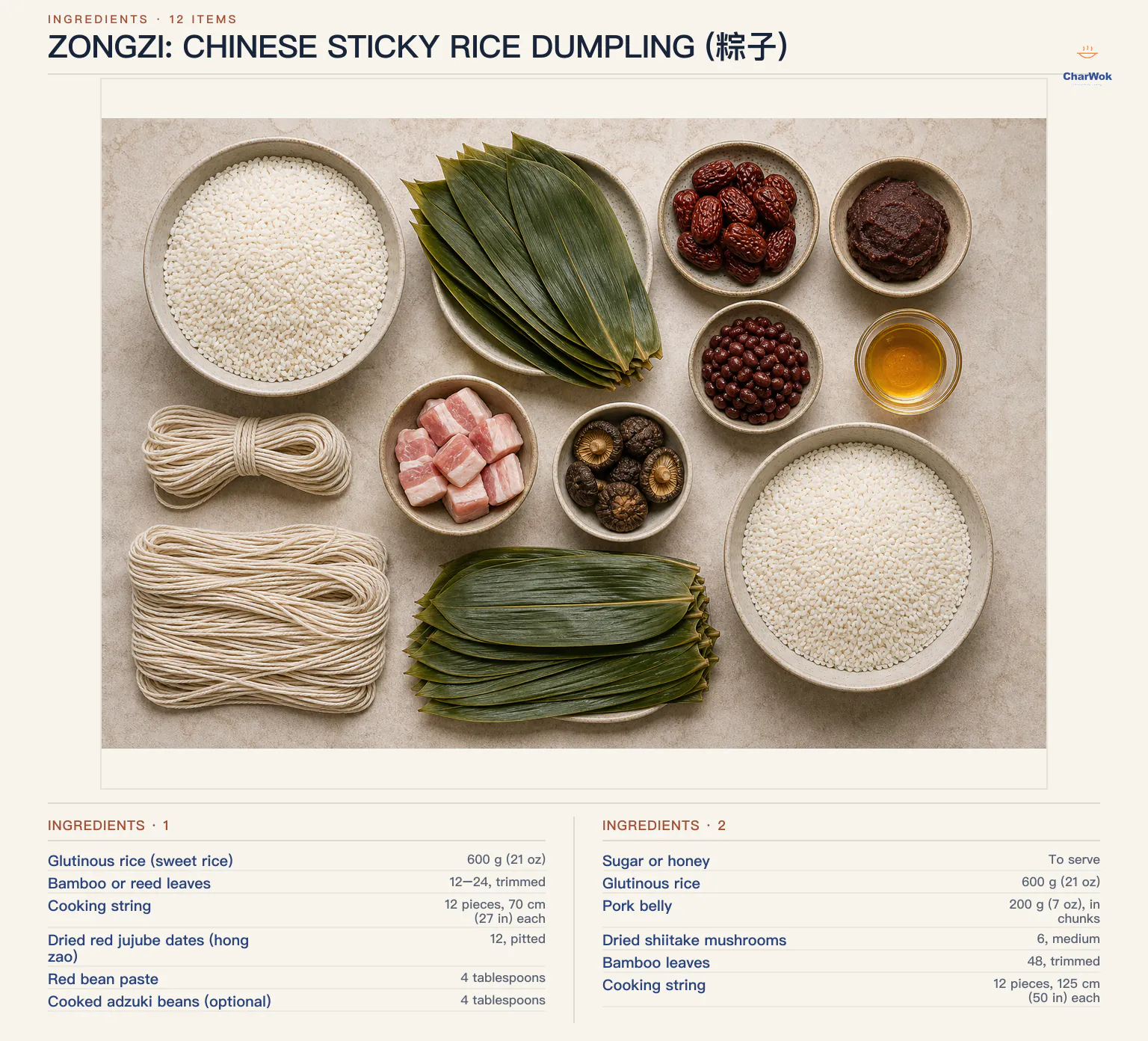 Ingredients for Zongzi: Chinese sticky rice dumpling (粽子), arranged in a top-down flat lay
