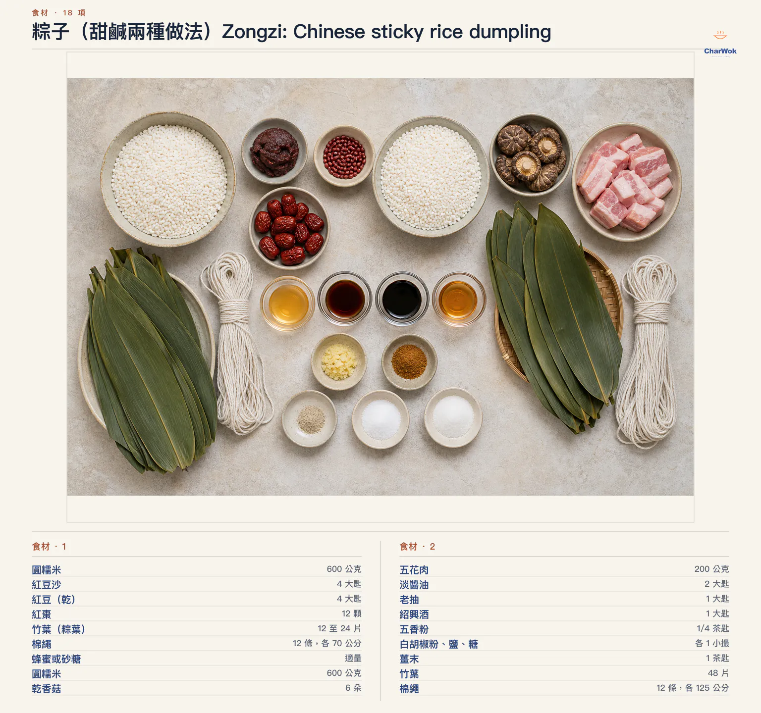 粽子（甜鹹兩種做法）Zongzi: Chinese sticky rice dumpling完整食材俯拍平鋪圖