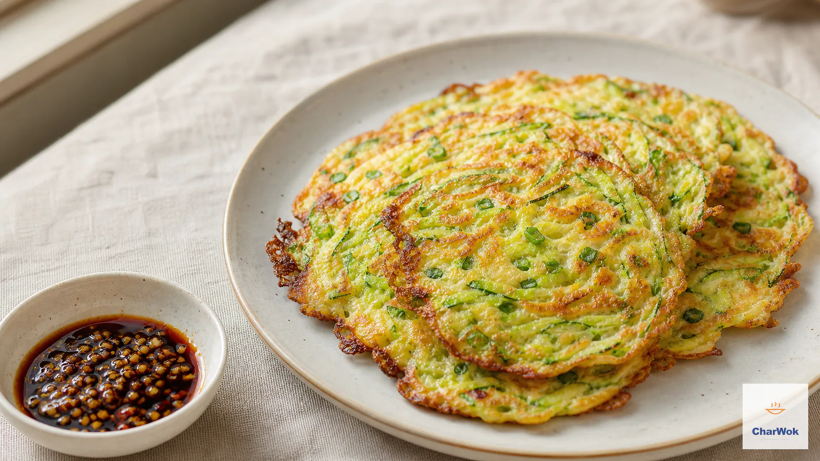 Thin round Chinese zucchini pancakes with visible green shreds and crisp golden lacy edges beside a dark vinegar dipping sauce