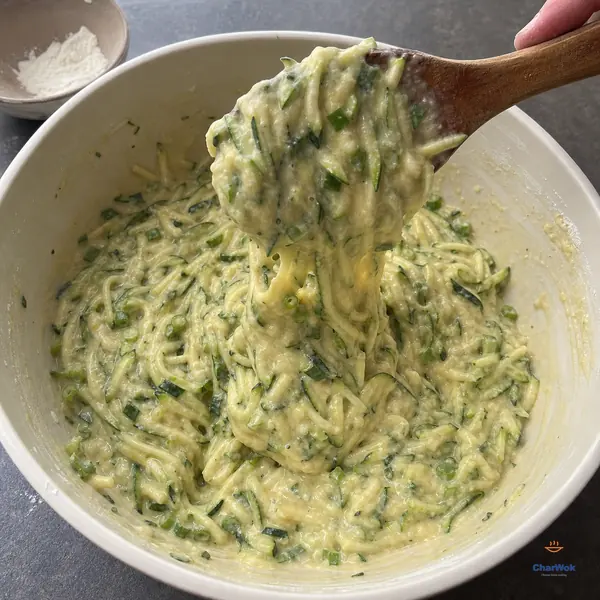 A wooden spoon lifts thick zucchini batter that drops back in one slow broad ribbon while abundant long green shreds remain suspended throughout the bowl