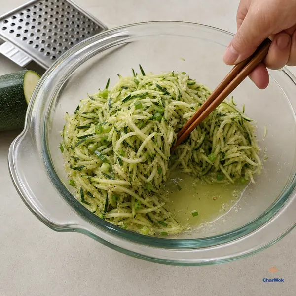Chopsticks part long salted zucchini shreds and chopped scallion in a glass bowl to reveal a clear pale-green pool of vegetable liquid at the bottom